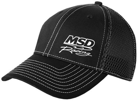 MSD Flexfit Mesh Baseball Cap; MSD Race Logo Left; Black w/White Stitching; L/XL;