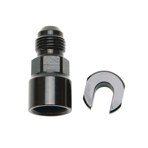 Russell EFI ADAPTER FITTING-6 AN MALE TO 3/8in. SAE QUICK-DISCONNECT FEMALE SCREW TYPE; BLACK