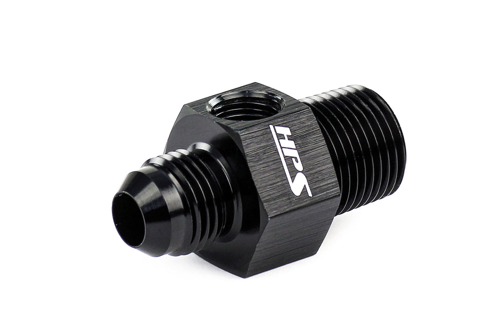 HPS Performance -8 AN Male to 3/8 inch NPT Male Adapter with 1/8 inch NPT Female Port Aluminum Black