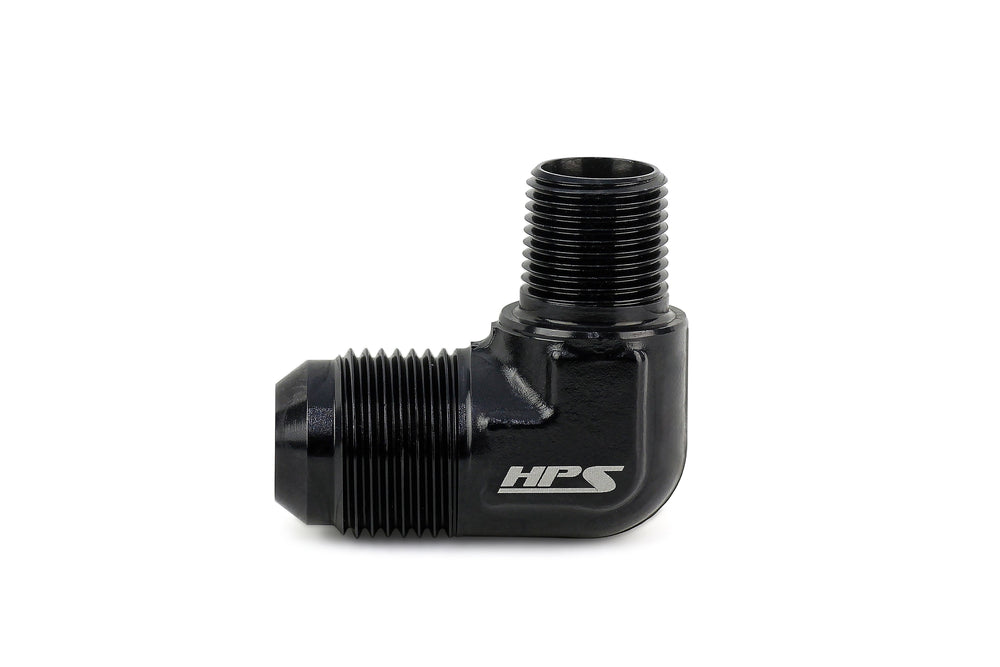HPS Performance 90 Degree AN Flare -6 to 1/4 inch NPT Adapter Aluminum Black