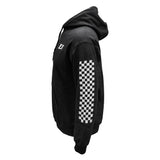 The FuelTech Checkered Hoodie features white screen-printed checkered pattern down both sleeves, referencing classic racing culture. 