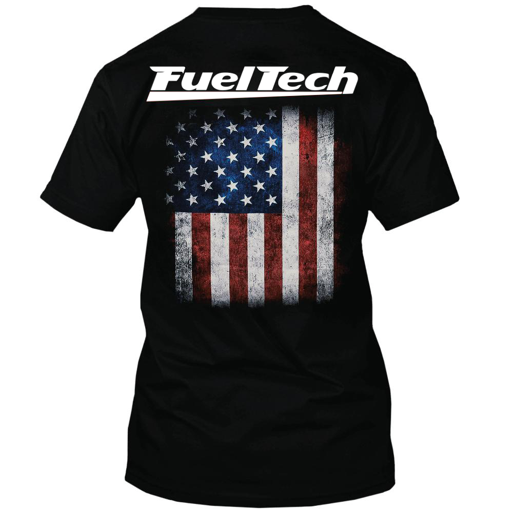 The back of the US flag FuelTech t-shirt shows the white FuelTech logo above the stars and stripes of the USA flag.