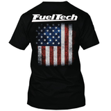 The back of the US flag FuelTech t-shirt shows the white FuelTech logo above the stars and stripes of the USA flag.