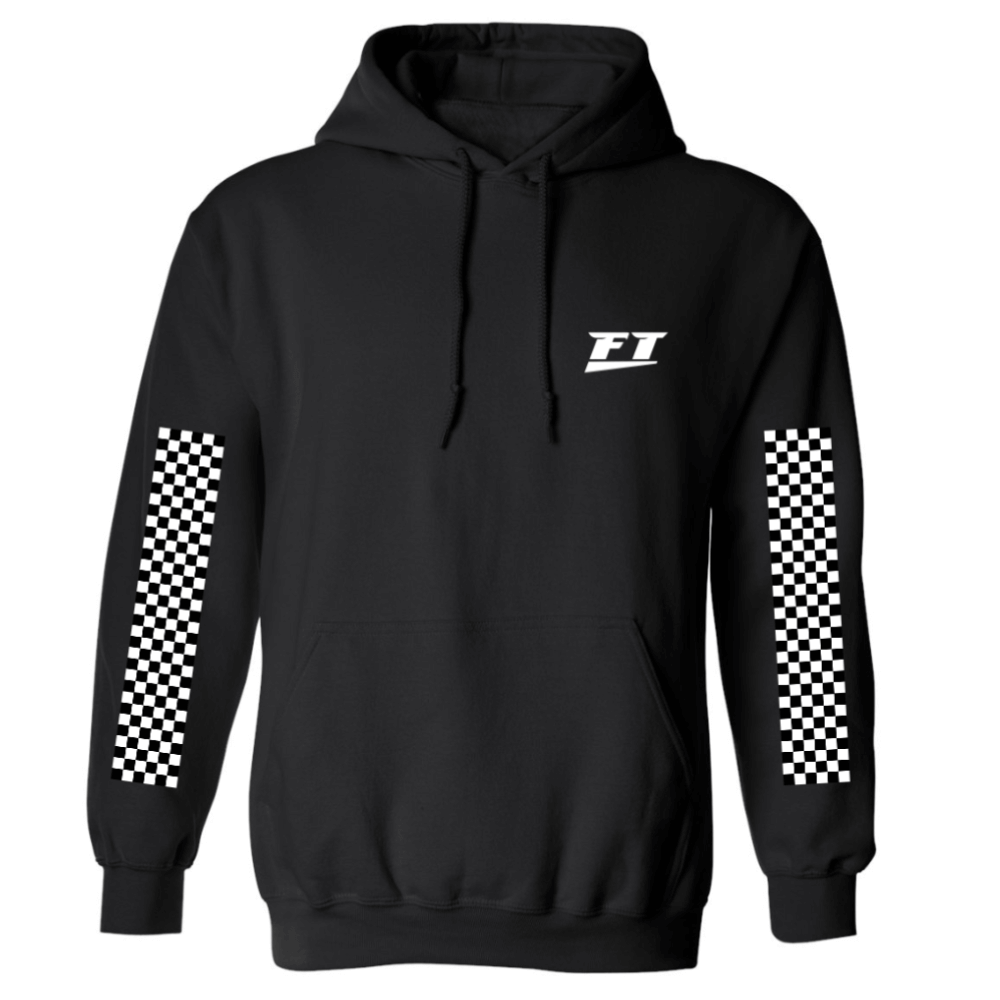 The FuelTech Checkered hoodie honors classic racing culture with checkered pattern down both arms. White print against black fabric.