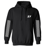 The FuelTech Checkered hoodie honors classic racing culture with checkered pattern down both arms. White print against black fabric.
