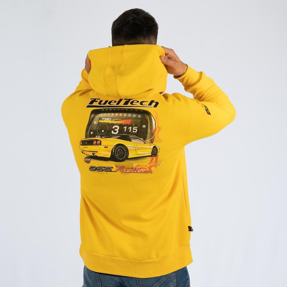 The back of the F355 Turbo hoodie from the Anderson Dick Collection features the Fueltech logo above the FT600 ECU engine management system inside of the famous Ferrari and depicts the rear and passenger side of the car 