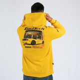 The back of the F355 Turbo hoodie from the Anderson Dick Collection features the Fueltech logo above the FT600 ECU engine management system inside of the famous Ferrari and depicts the rear and passenger side of the car 