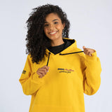 Black lining in the hood pops against the yellow outer color and features black pull strings