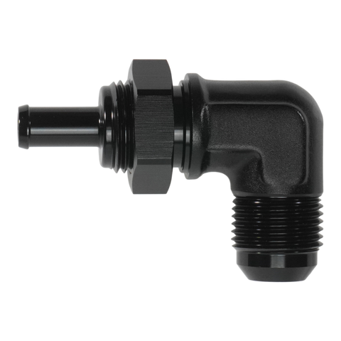 DeatschWerks 10AN Male Flare Bulkhead to 3/8in Hose Barb 90-Degree