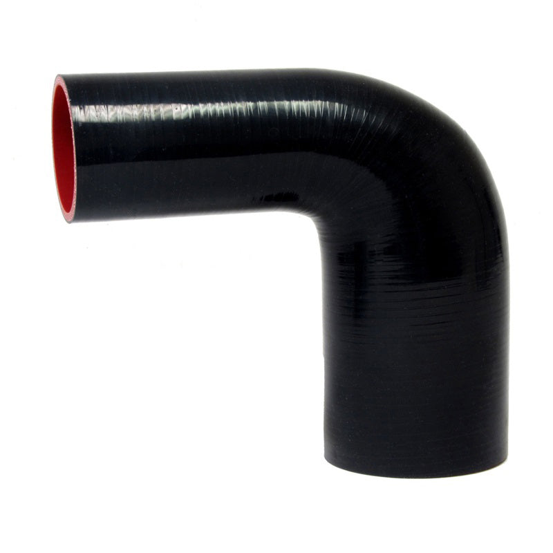 HPS 2.25 inch - 3 inch ID High Temp 4-ply Reinforced Silicone 90 Degree Elbow Reducer Hose Black 57mm - 76mm ID