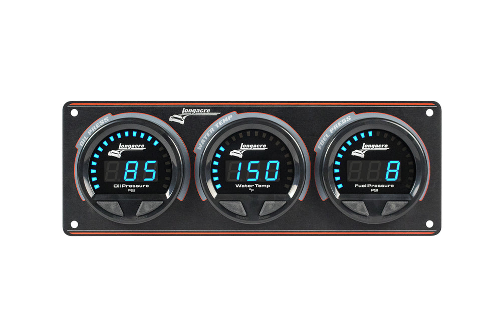 Digital Elite LED Waterproof Gauge Panel from Longacre, 3 Gauge Oil Pressure/Water Temperature/Fuel Pressure -15