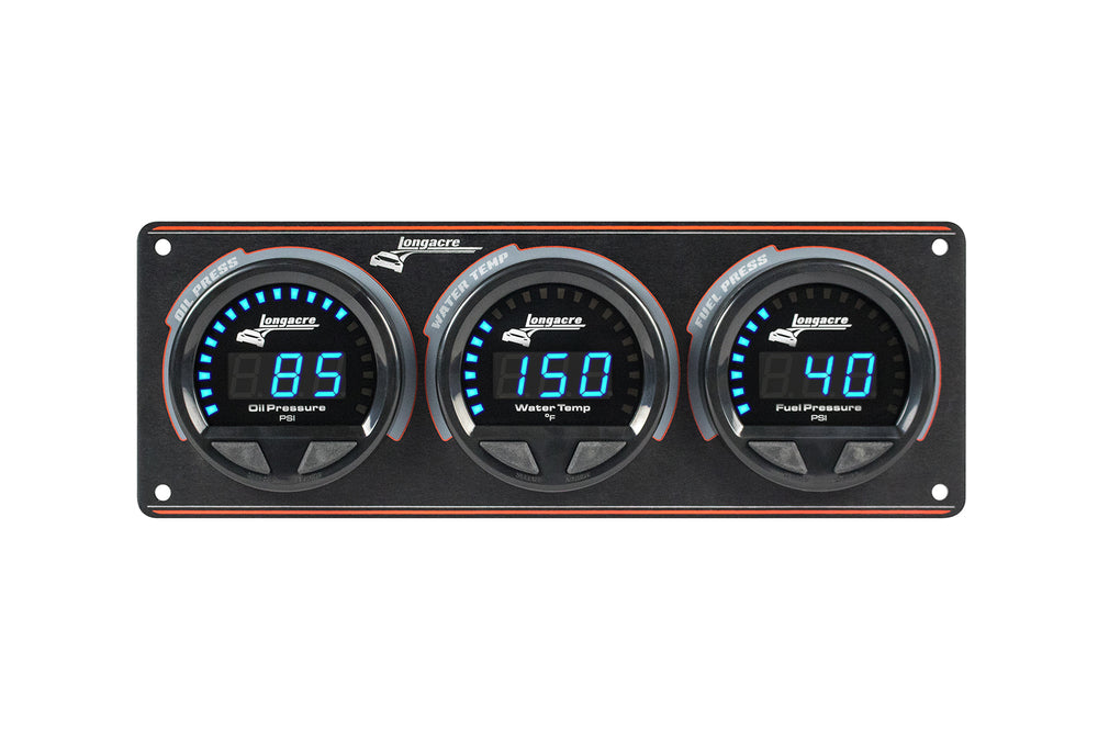 Digital Elite LED Waterproof Gauge Panel from Longacre, 3 Gauge Oil Pressure/Water Temperature/Fuel Pressure -10