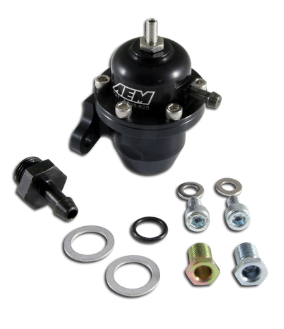 Adjustable Fuel Pressure Regulator, Black Anodized, Acura and Honda Offset Flange with Straight Retu