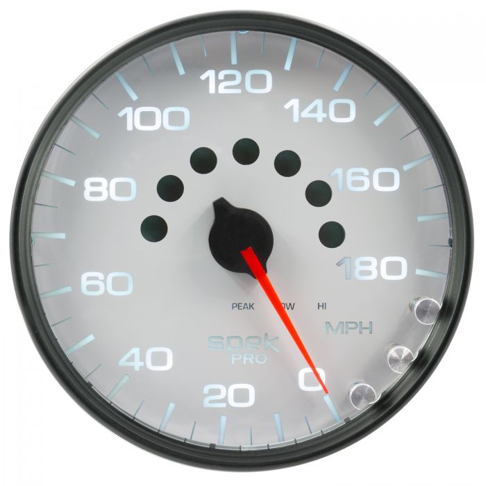 GAUGE, SPEEDOMETER, 5in, 180 MPH, ELEC. PROGRAMMABLE, WHITE/BLACK, SPEK-PRO