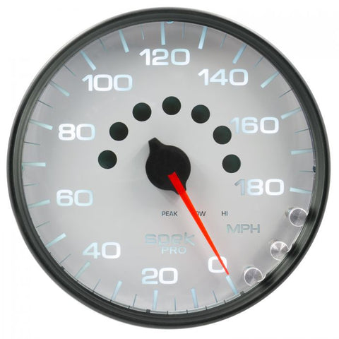 GAUGE, SPEEDOMETER, 5in, 180 MPH, ELEC. PROGRAMMABLE, WHITE/BLACK, SPEK-PRO