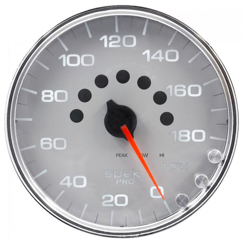 GAUGE, SPEEDOMETER, 5in, 180 MPH, ELEC. PROGRAMMABLE, SILVER/CHROME, SPEK-PRO