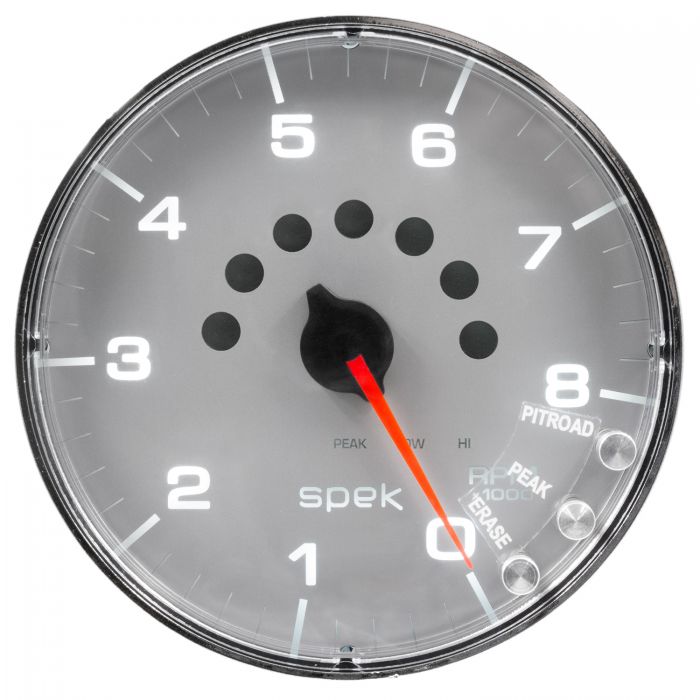 GAUGE, TACHOMETER, 5in, 8K RPM, W/SHIFT LIGHT & PEAK MEM, SILVER/CHROME, SPEK-PRO