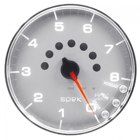 GAUGE, TACHOMETER, 5in, 8K RPM, W/SHIFT LIGHT & PEAK MEM, SILVER/CHROME, SPEK-PRO