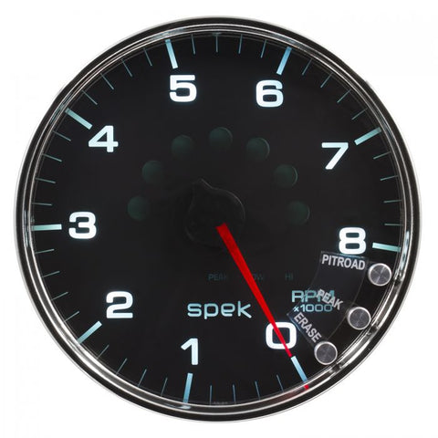 GAUGE, TACHOMETER, 5in, 8K RPM, W/SHIFT LIGHT & PEAK MEM, BLACK/CHROME, SPEK-PRO