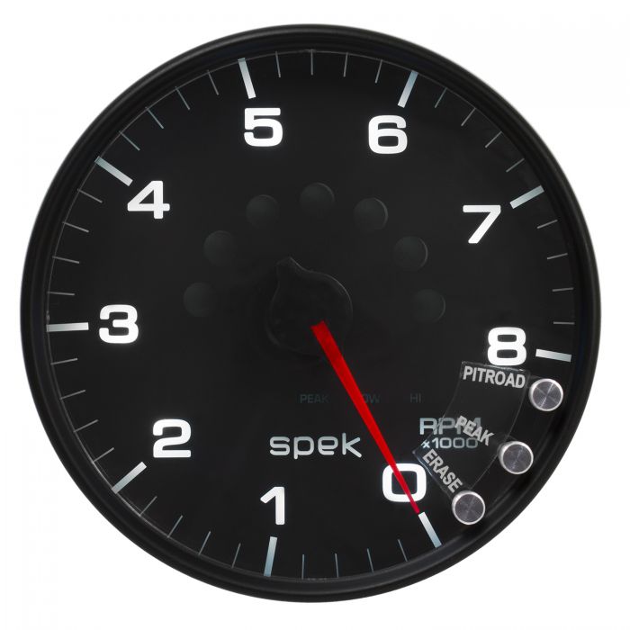 GAUGE, TACHOMETER, 5in, 8K RPM, W/SHIFT LIGHT & PEAK MEM, BLACK/BLACK, SPEK-PRO