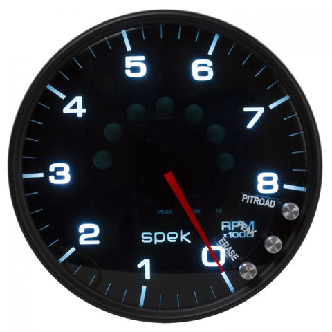 GAUGE, TACHOMETER, 5in, 8K RPM, W/SHIFT LIGHT & PEAK MEM, BLACK/SMOKE/BLACK, SPEK
