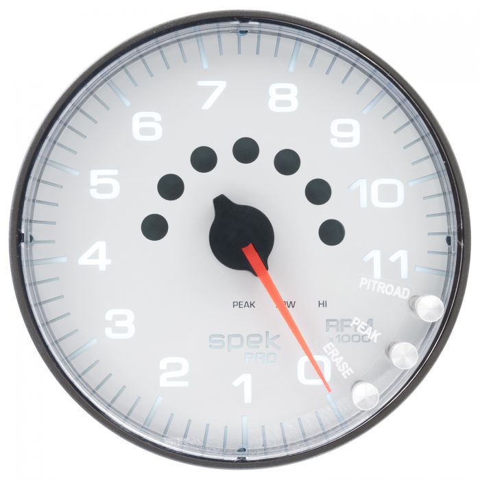 GAUGE, TACHOMETER, 5in, 11K RPM, W/SHIFT LIGHT & PEAK MEM, WHITE/BLACK, SPEK-PRO