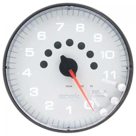 GAUGE, TACHOMETER, 5in, 11K RPM, W/SHIFT LIGHT & PEAK MEM, WHITE/BLACK, SPEK-PRO