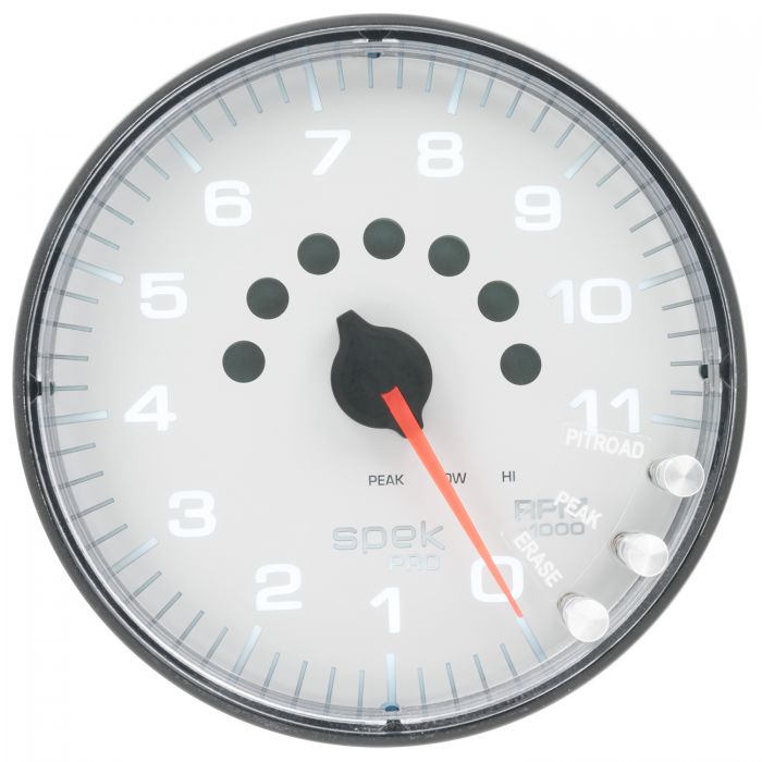 GAUGE, TACHOMETER, 5in, 11K RPM, W/SHIFT LIGHT & PEAK MEM, WHITE/BLACK, SPEK-PRO