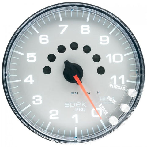 GAUGE, TACHOMETER, 5in, 11K RPM, W/SHIFT LIGHT & PEAK MEM, SILVER/CHROME, SPEK