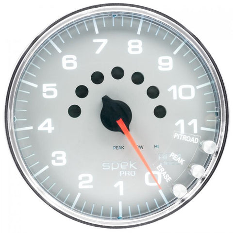 GAUGE, TACHOMETER, 5in, 11K RPM, W/SHIFT LIGHT & PEAK MEM, SILVER/CHROME, SPEK