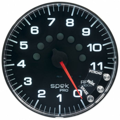 GAUGE, TACHOMETER, 5in, 11K RPM, W/SHIFT LIGHT & PEAK MEM, BLACK/CHROME, SPEK-PRO