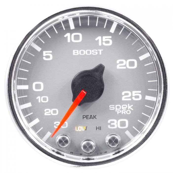 GAUGE, VAC/BOOST, 2 1/16in, 30INHG-30PSI, STEPPER MTR W/PK & WRN,SLVR/CHRME, SPEK