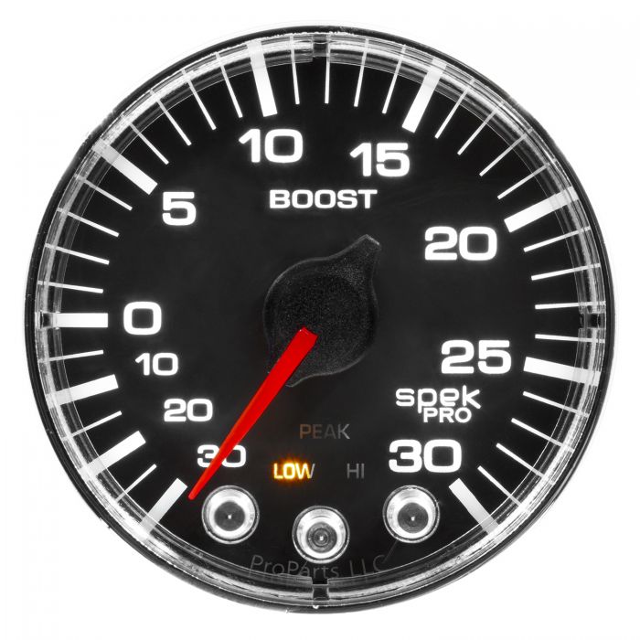 GAUGE, VAC/BOOST, 2 1/16in, 30INHG-30PSI, STEPPER MTR W/PK & WRN, BLK/CHRME, SPEK