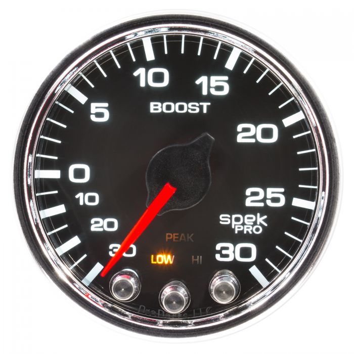 GAUGE, VAC/BOOST, 2 1/16in, 30INHG-30PSI, STEPPER MTR W/PK & WRN, BLK/CHRME, SPEK