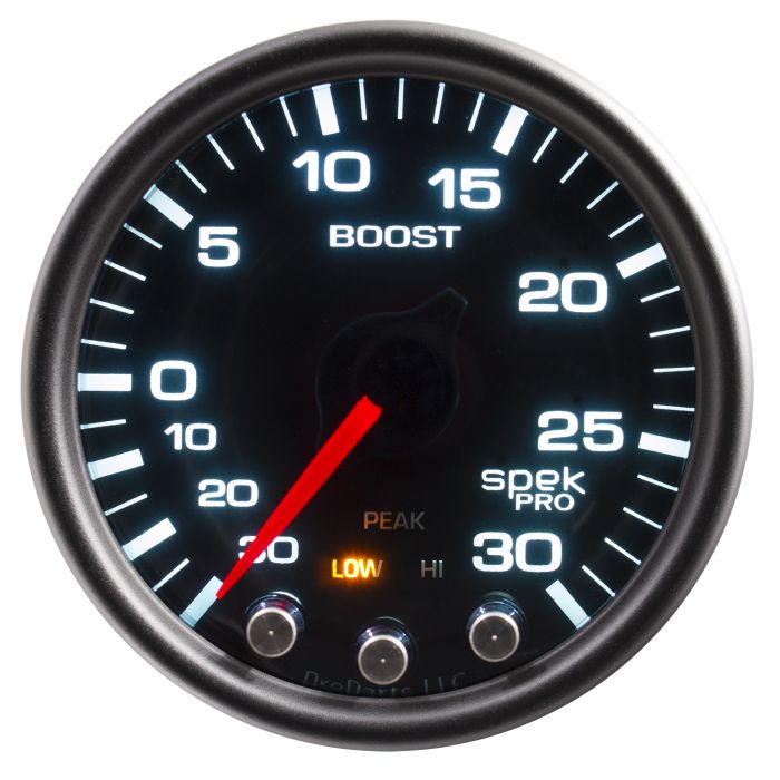 GAUGE, VAC/BOOST, 2 1/16in, 30INHG-30PSI, STEPPER MTR W/PK & WRN, BK/SMK/BK, SPEK