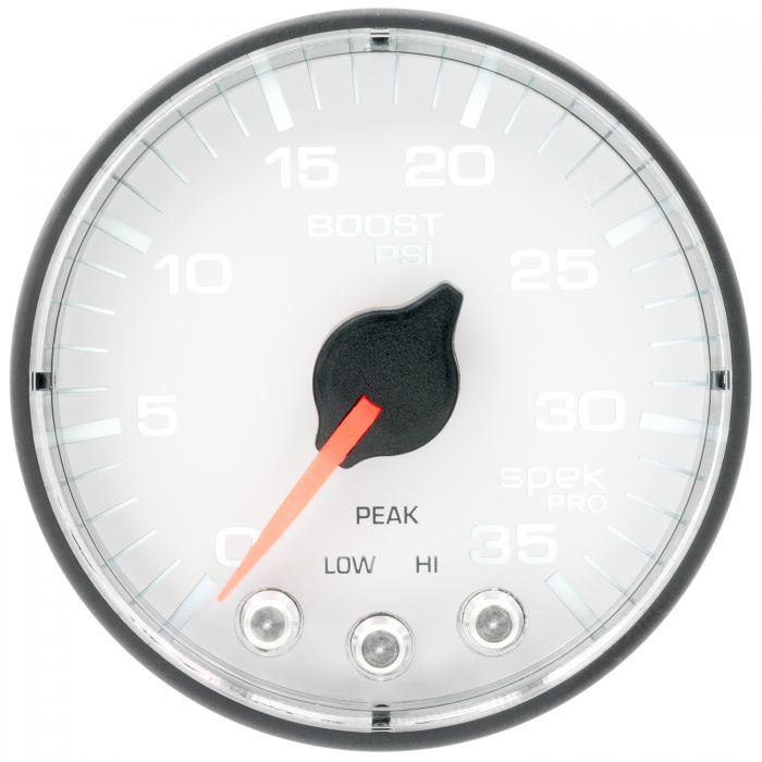 GAUGE, BOOST, 2 1/16in, 35PSI, STEPPER MOTOR W/PEAK & WARN, WHITE/BLACK, SPEK-PRO