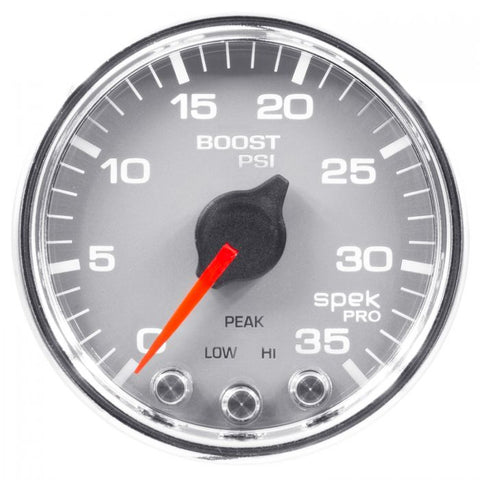 GAUGE, BOOST, 2 1/16in, 35PSI, STEPPER MOTOR W/PEAK & WARN, SLVR/CHRME, SPEK-PRO