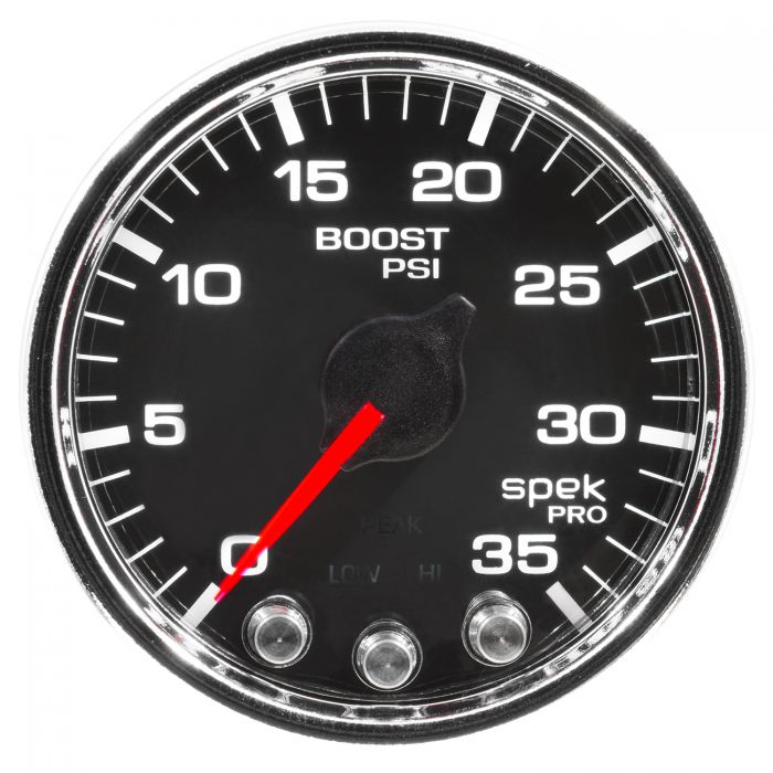 GAUGE, BOOST, 2 1/16in, 35PSI, STEPPER MOTOR W/PEAK & WARN, BLK/CHROME, SPEK-PRO