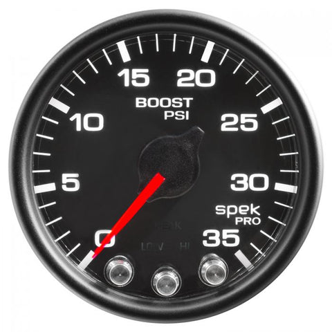 GAUGE, BOOST, 2 1/16in, 35PSI, STEPPER MOTOR W/PEAK & WARN, BLACK/BLACK, SPEK-PRO