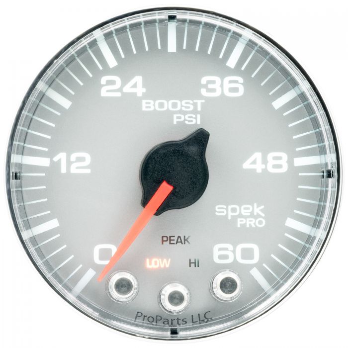 GAUGE, BOOST, 2 1/16in, 60PSI, STEPPER MOTOR W/PEAK & WARN, SLVR/CHRM, SPEK-PRO