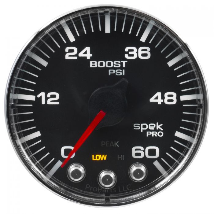 GAUGE, BOOST, 2 1/16in, 60PSI, STEPPER MOTOR W/PEAK & WARN, BLK/CHRM, SPEK-PRO