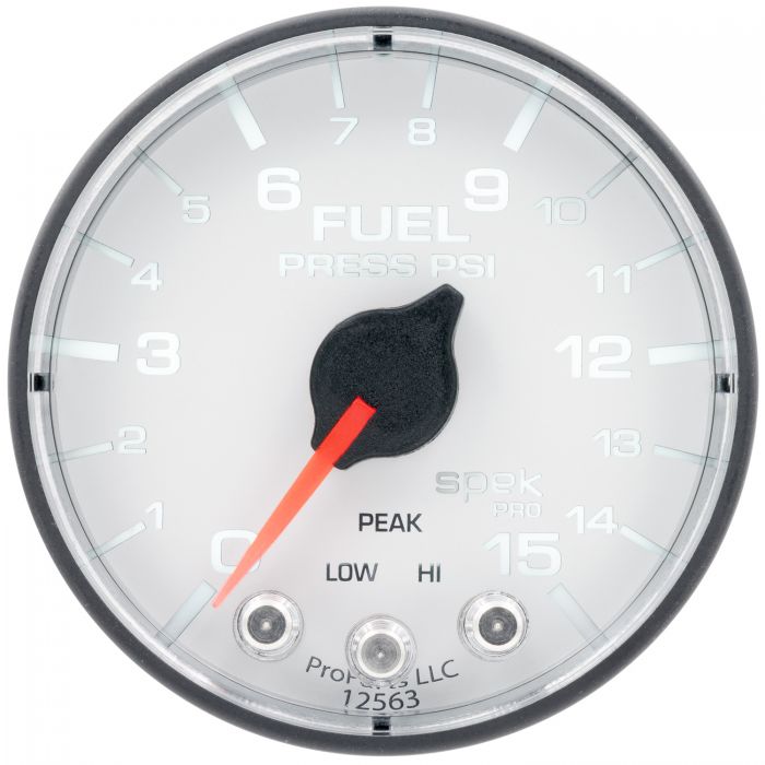 Gauge, Fuel Press, 2 1/16in, 15PSI, Stepper Motor w/ Peak & Warn, Wht/Blk, Spek