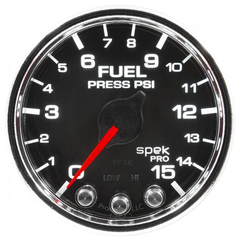 Gauge, Fuel Press, 2 1/16in, 15PSI, Stepper Motor w/ Peak & Warn, Blk/Chrm, Spek