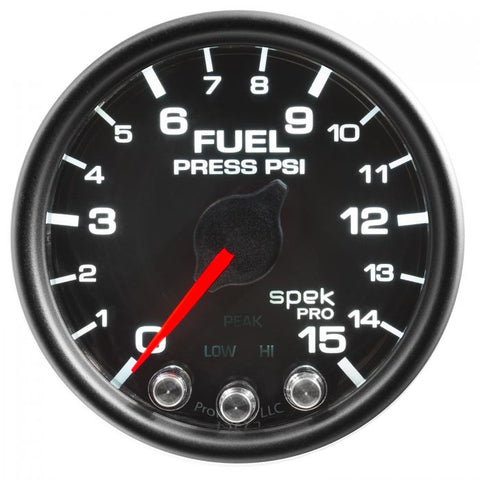 Gauge, Fuel Press, 2 1/16in, 15PSI, Stepper Motor w/ Peak & Warn, Blk/Blk, Spek