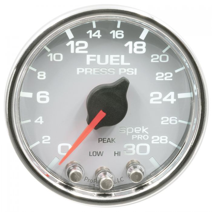 GAUGE, FUEL PRESS, 2 1/16in, 30PSI, STEPPER MOTOR W/PEAK & WARN, WHT/CHRM, SPEK