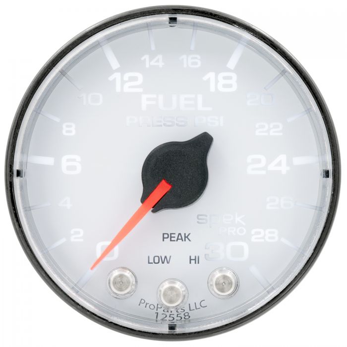 Gauge, Fuel Press, 2 1/16in, 30PSI, Stepper Motor w/Peak & Warn, Wht/Blk , Spek