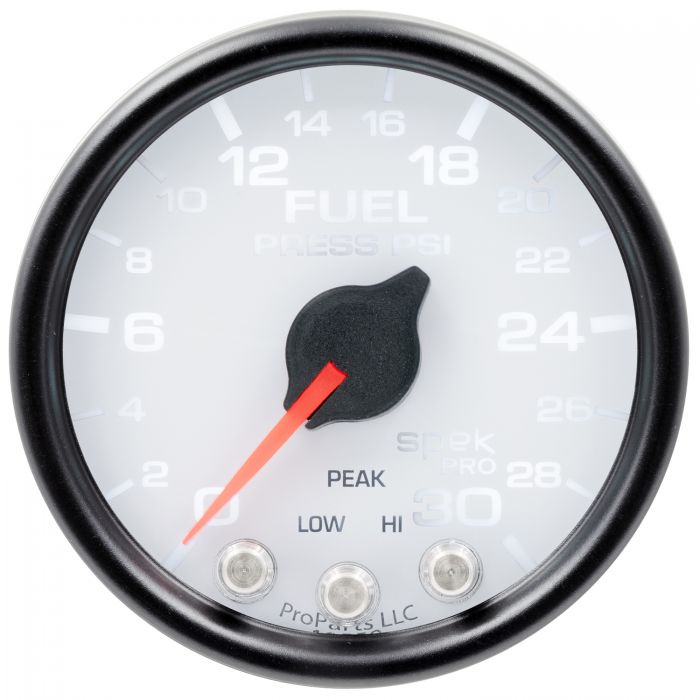 GAUGE, FUEL PRESS, 2 1/16in, 30PSI, STEPPER MOTOR W/PEAK & WARN, WHT/BLK, SPEK