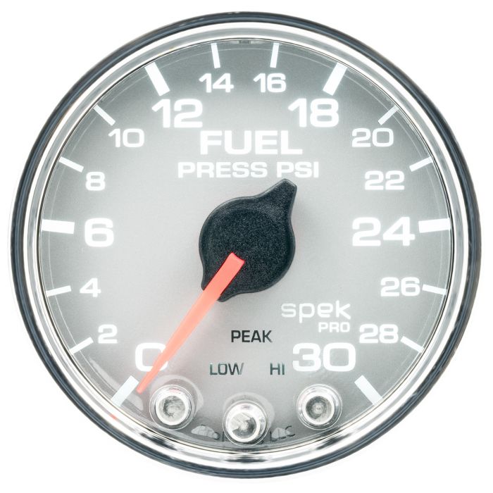 GAUGE, FUEL PRESS, 2 1/16in, 30PSI, STEPPER MOTOR W/PEAK & WARN, SLVR/CHRM, SPEK