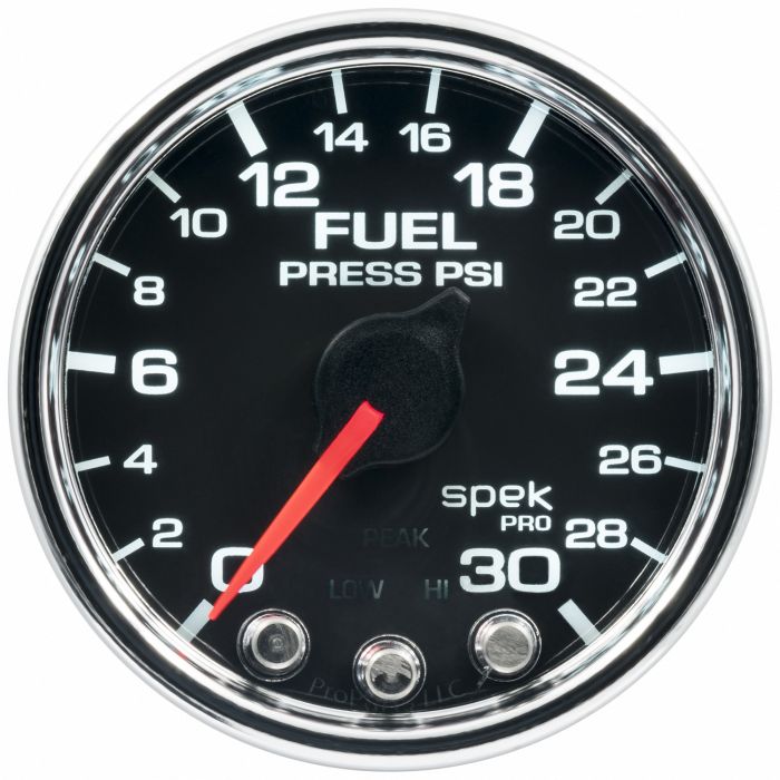 GAUGE, FUEL PRESS, 2 1/16in, 30PSI, STEPPER MOTOR W/PEAK & WARN, BLK/CHRM, SPEK