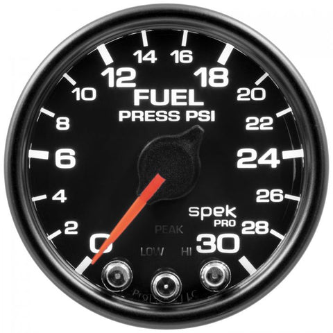 Gauge, Fuel Press, 2 1/16in, 30PSI, STepper Motor w/Peak & warn, Blk/Blk, Spek